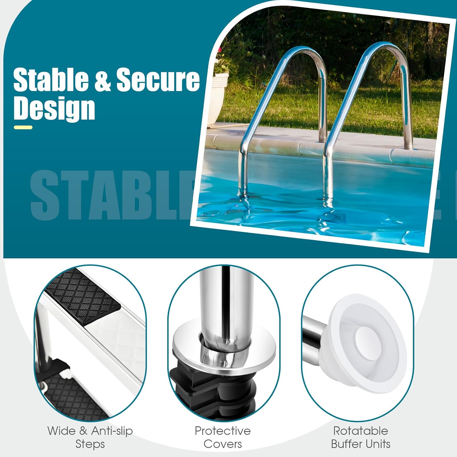 In-Ground Pool Ladder, 3 Step Stainless Steel Pool Steps with 304 Steel Frame, 265 LBS Capacity, Non Slip Steps and Handrails, Easy Install, Swimming Pool Ladder for Outdoor Indoor