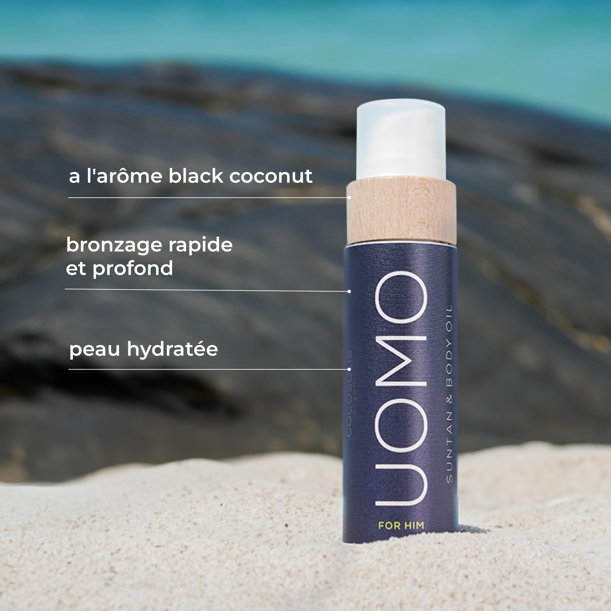 COCOSOLIS UOMO Accélérateur de bronzage pour homme - Huile de bronzage bio avec vitamine E et parfum de BLACK COCONUT un bronzage intensif rapide - Sublimateur de bronzage (110)