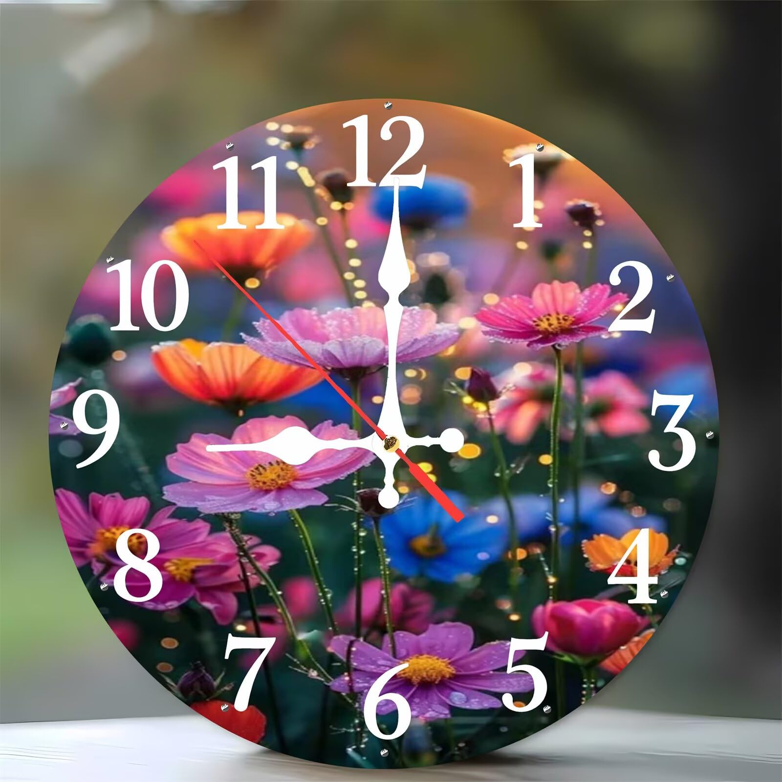 Horloge murale moderne en bois de 35 cm aux motifs de fleurs sauvages roses pour salon
