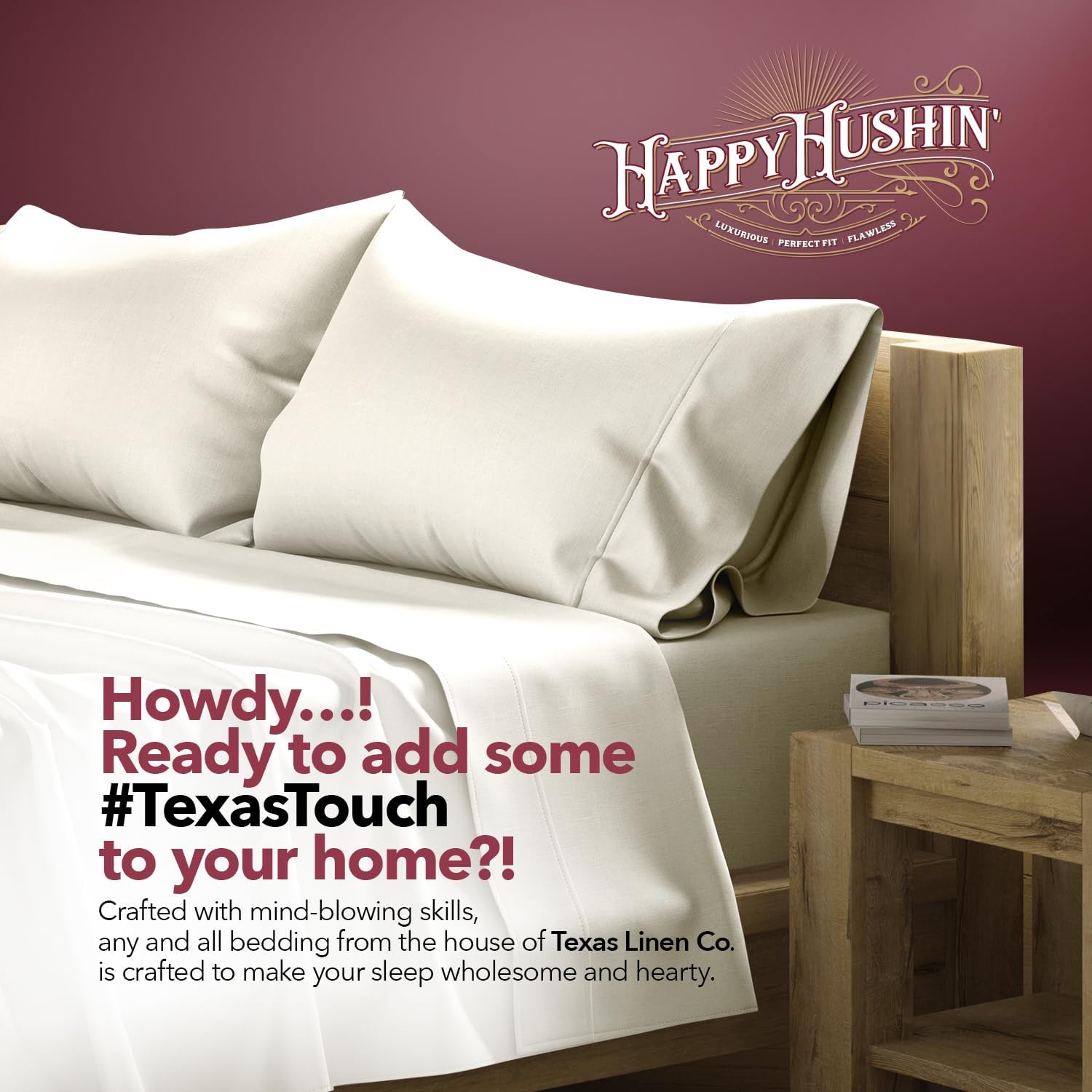 TEXAS LINEN CO. 100% Egyptian Cotton Sheets California King Size Sheets Set - Luxury 800 Series Happy Hushin' Collection Cal King Sheets (6 PC, Ivory), Sateen Elasticized 16" Deep Pocket Hotel Sheet