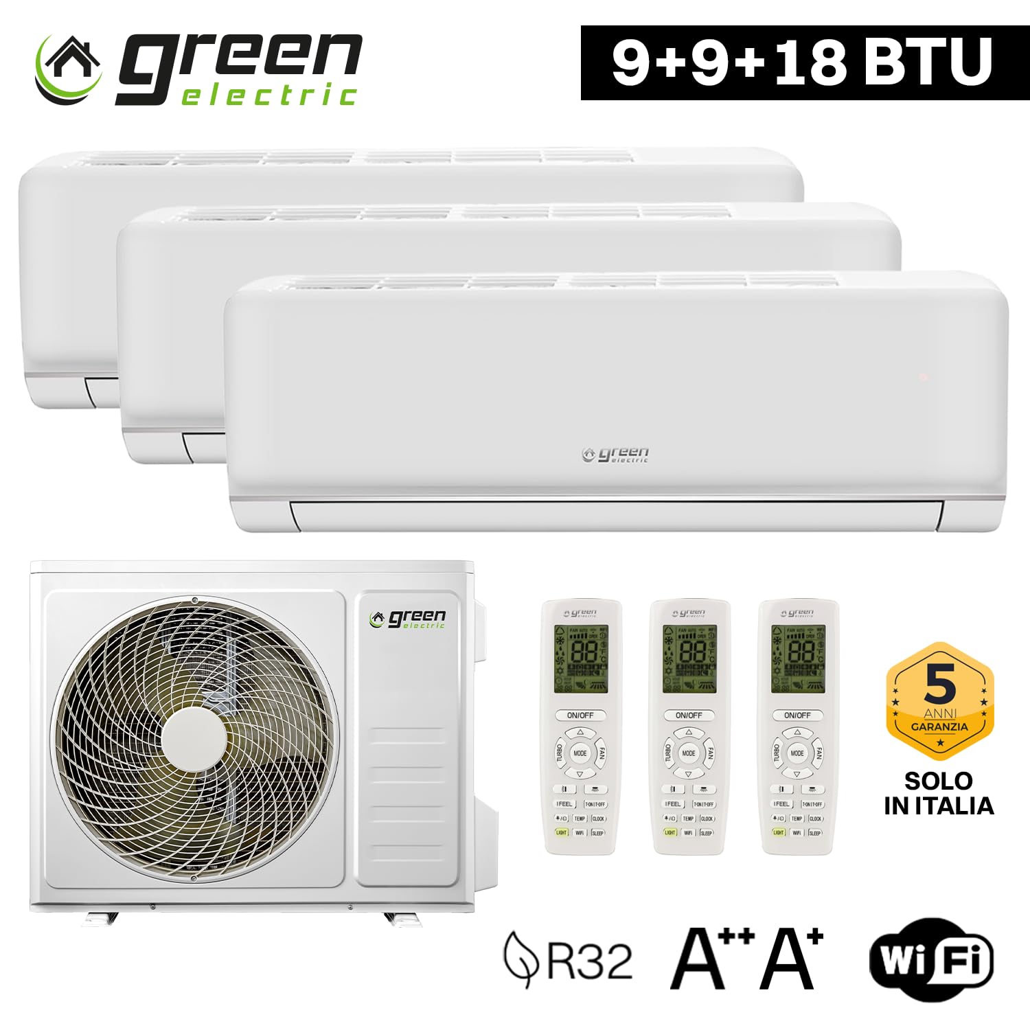 Plus Condizionatore Climatizzatore Trial Split 9000 + 9000 + 18000 BTU, Wi-Fi R32, Efficienza Energetica A++/A+, Tre Unità Interne e 1 Unità Esterna, con Telecomando, Basso Consumo