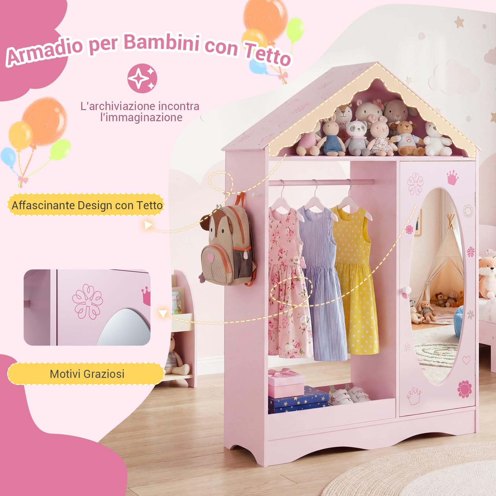 COSTWAY Armadio con Specchio per Bambini, Guardaroba Coperto con Appendiabiti Aperto, Scaffali e Ganci, Armadio e Organizzatore di Costumi per Camera da Letto e Stanza dei Giochi (Rosa)