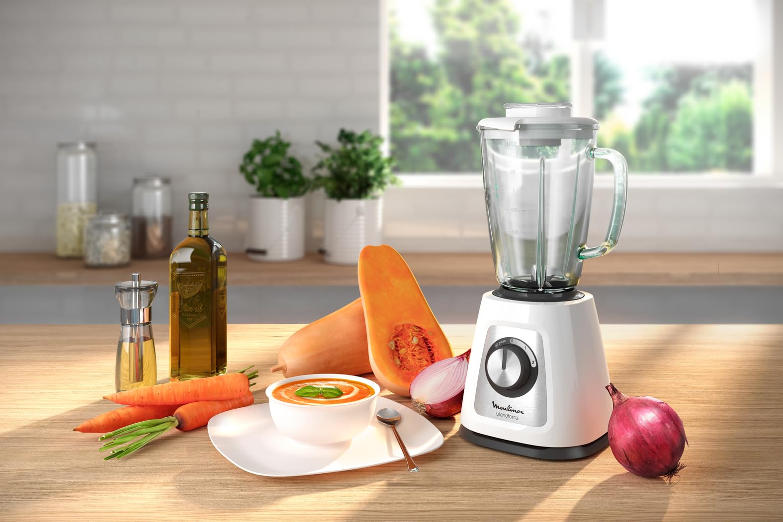 Moulinex Blendforce Cristal LM430110 mikser stojący ze szklaną nakładką, 800 W, 4 ostrza z funkcją rozdrabniania lodu, 3 prędkości, łatwe czyszczenie i odporny termicznie szklany dzbanek 1,75 l