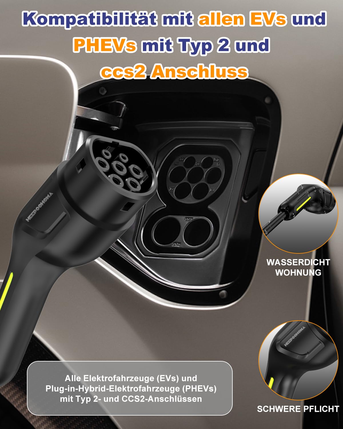 Typ 2 Ladekabel Schuko 10m 3,68kW, EV Ladegerät 6-16A einstellbar, 1-phasig Elektroauto Ladekabel mit LED-Anzeige, tragbare Ladestation IP65 für PHEV/EV (HPO - 3.7KW, 10M)