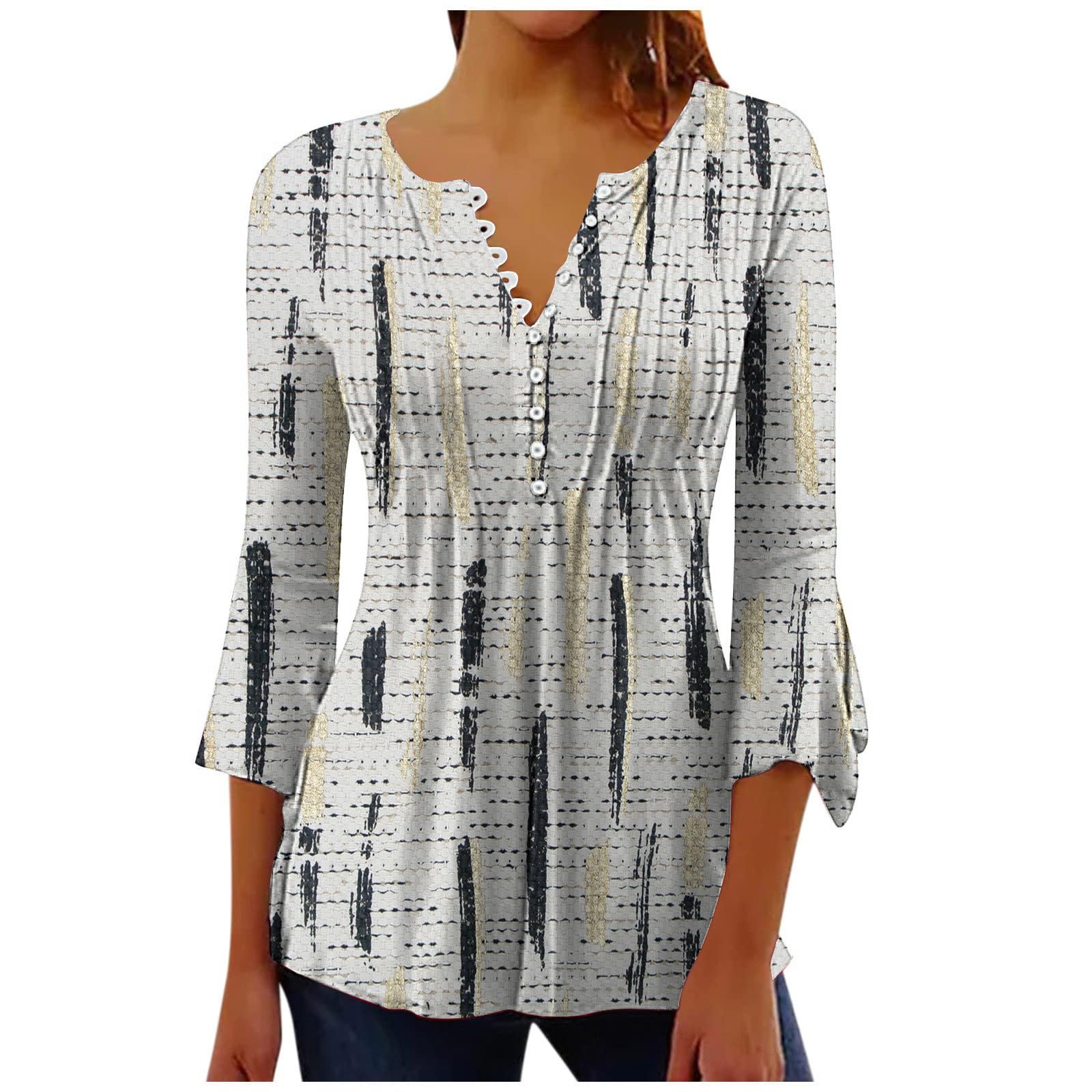 Tunic Tops to Wear with Leggings 3/4 Bell Sleeve Hide Belly V Neck Business  Casual Floral Printed Dressy Blouses 2023