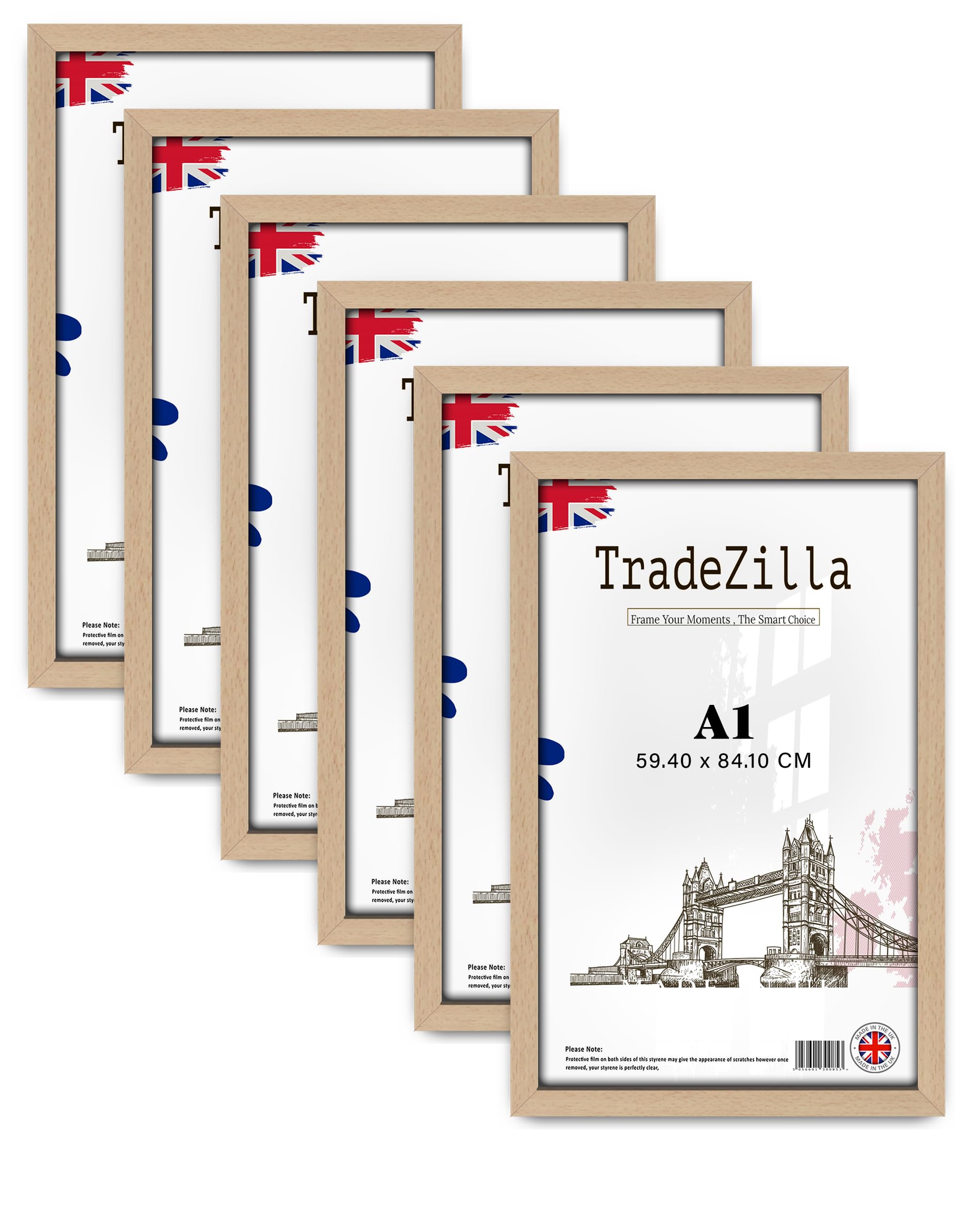 Tradezilla Beech Pack Of 6 Perfect For Home, Office, A1 (59.40 X 84.10 Cm) Picture Frame For Posters, Certificates, Solid Eton Wood, Mdf Wall Mounted Frame With Hanging Hooks, Home Décor [ ]