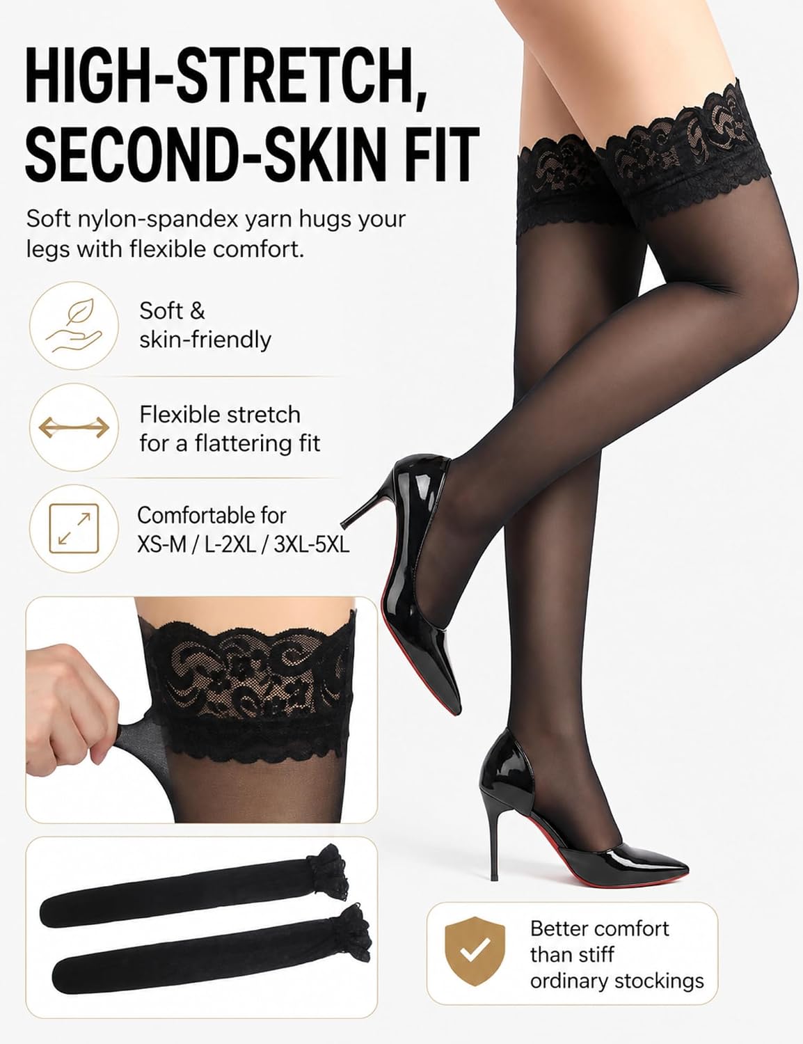comeondear Sexy Sheer Thigh High Stockings with Back Seam for Women