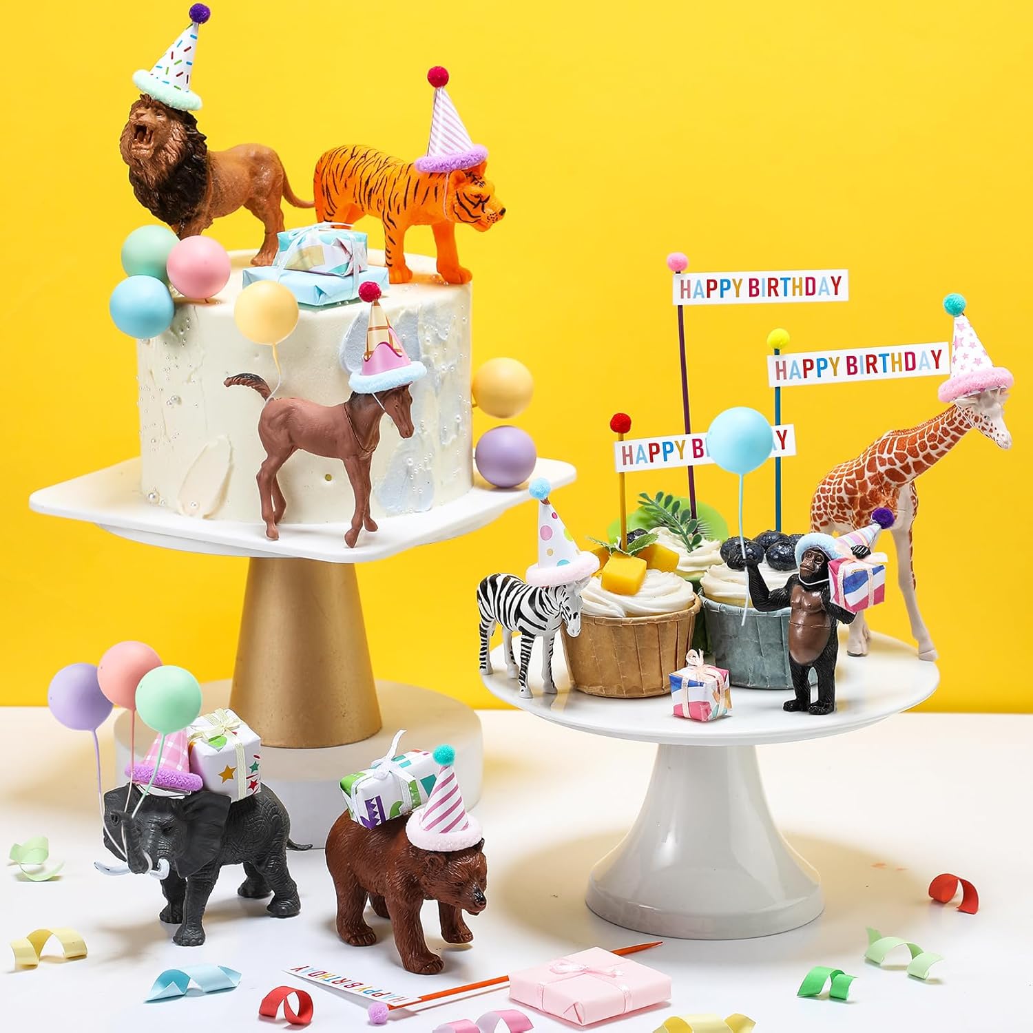 Weysat 22 Pcs Animal Birthday Party Decorations Animal Cake Cupcake Toppers with Mini Hats Miniature Flags Gift Boxes Balls for Jungle Safari Dollhouse Themed Birthday Party Favor Supplies, No Animals