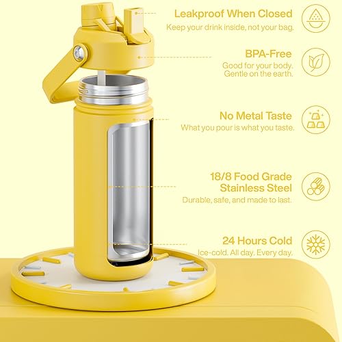 Miniatura 822 de ENCOOL Botella de agua aislada con popote, de acero inoxidable, a prueba de fugas, sin BPA, al vacío de doble pared que se mantiene fría durante 24