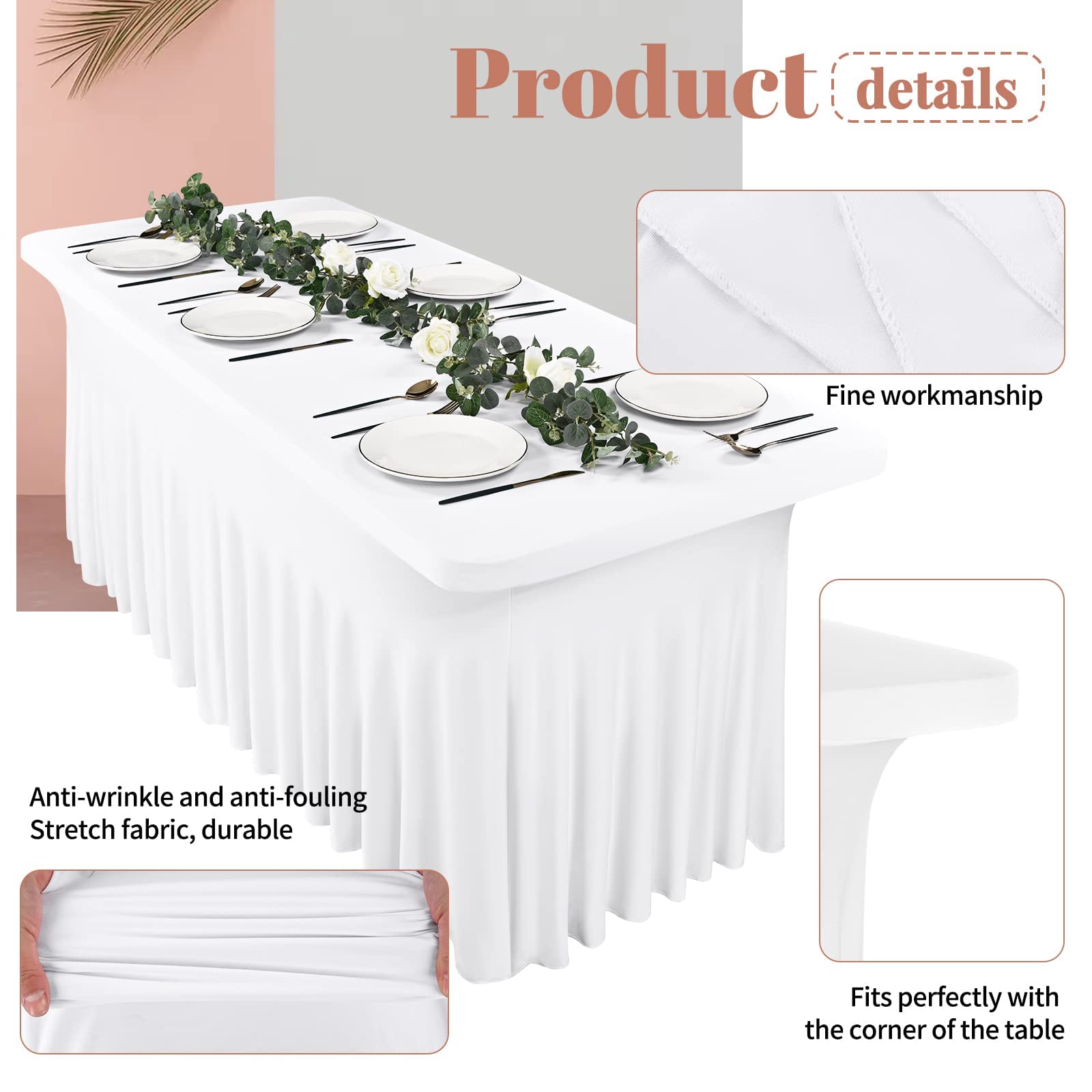 Teruntrue Lot de 3 Jupes de Table en élasthanne pour Tables rectangulaires Blanc 1,8 m Nappe Extensible ajustée Nappe résistante aux Plis avec Jupe, Jupe de Table en élasthanne pour Salon de banquets