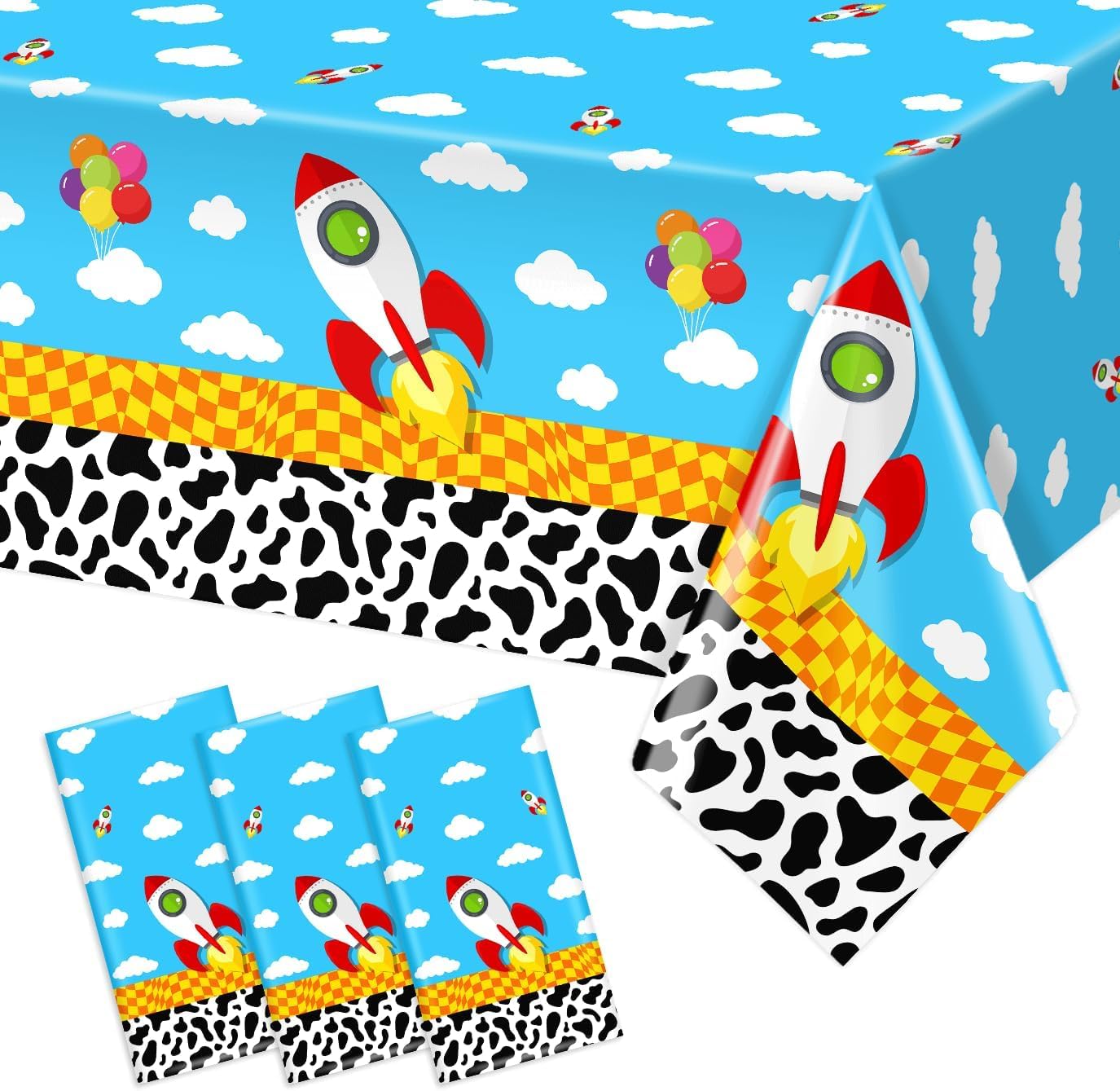 3Pcs Toy Colorful Story Table Covers Toy Theme Plastic Tablecloth Blue Sky White Cloud Cow Pattern Table Cloth Cartoon Story Tablecovers for Kids' Boys' Baby Shower Birthday Party Supplies 54" x 108”