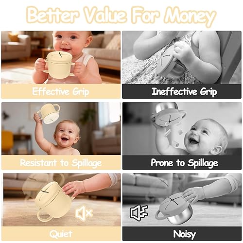 Miniatura 3 de Mity rain Recipientes de acero inoxidable para niños con tapas y asas de silicona a prueba de derrames, tazas de aperitivos 3 en 1, caja de