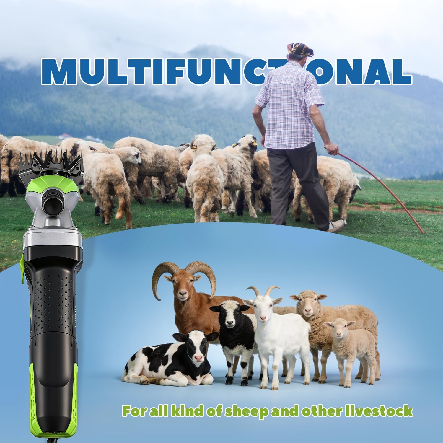 Sheep Shears Electric 850W 2400RPM Professional Heavy Duty Shearing Clipper with 6 Speed, for Shaving Fur Wool in Sheep, Goat, Cattle, and Other Farm Livestock Pet with Carrying Case (Size: 13.8*3.6")