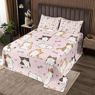 Manfei Kawaii Cats Bedspread King Size, Cartoon Animal Theme Quilted Coverlet with 2 Pillowcases, Cute Cartoon Cat Coverlet Set 3pcs for Kids Boys Girls Room Decor, Soft Polyester Bedding Quilt