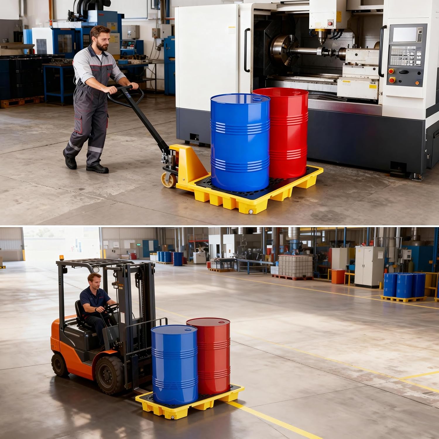 JINJUNYE Spill Containment Platform with Drain, Suitable Forklifts, 2 Drum Modular Platform Tray, 30 Gallon Liquid Capacity, 4000 Lbs Weight Capacity, 51.8X 26.8X 5.9", Industrial Uses