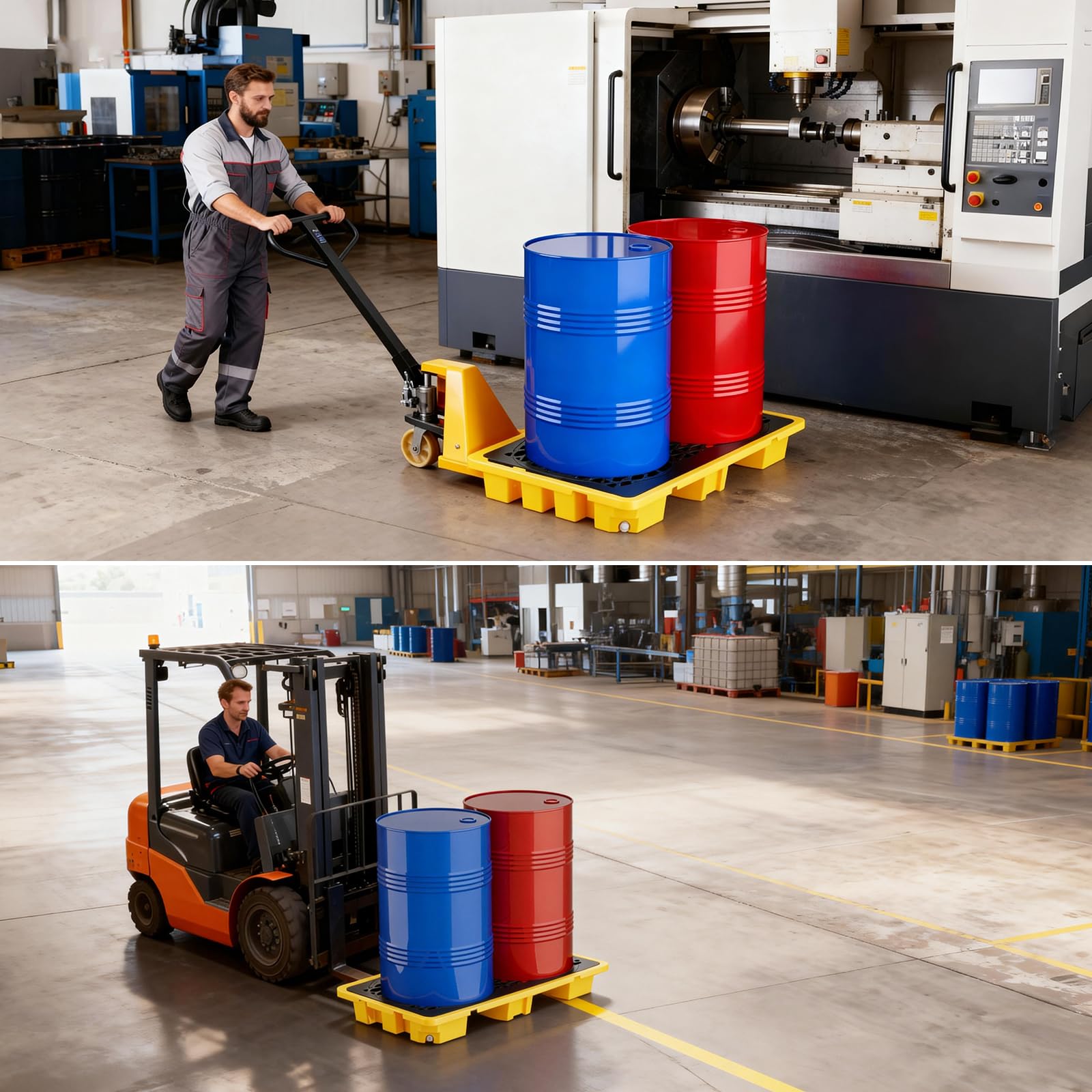 Pedana di Contenimento per 1 Fusto con Scarico, Capacita 15 Galloni, Carico 2000 Lbs, Piattaforma Modulare in Polietilene per Barili Chimici e Carrelli Elevatori, Resistente