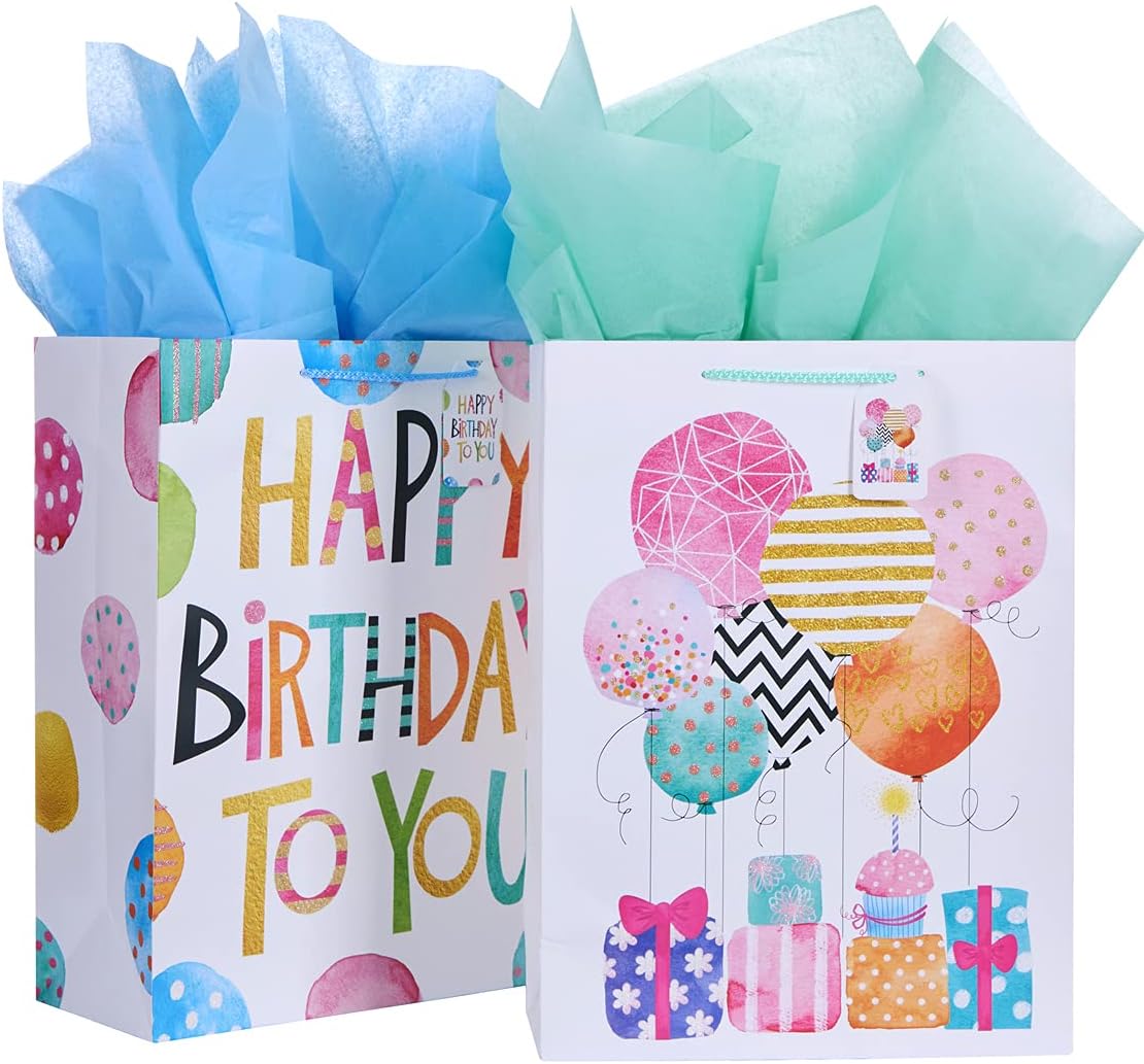 SUNCOLOR 16" Extra Large Gift Bags for Birthday Party with Tissue Paper(2 Pack, Balloon)