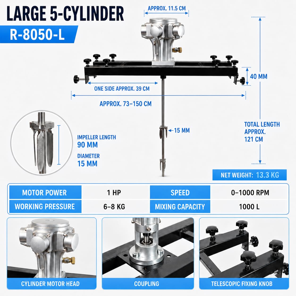 Agitador Mezclador De Asas IBC, Mezcladora Neumática con Soporte para Large5Cylinders | Doble Hélice De 250 Mm (Plegable), Fijación Segura, Mezcla De Alto Rendimiento