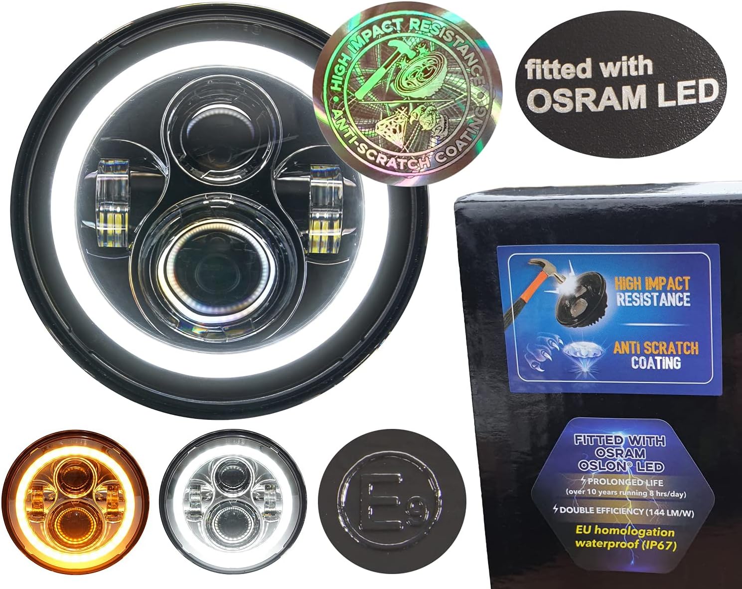 LED headlight 7 inches fitted with OSRAM OSLON led, extra DRL light, for motorcycles and cars, ANTI-SCRATCH COATING, compatible with Harley Davidson, Honda, Jeep so on