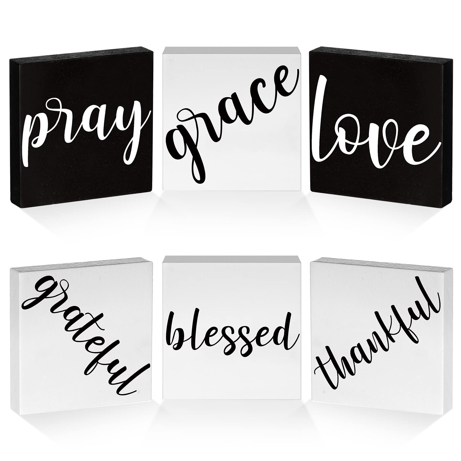 6 Pcs Inspirational Block Signs Love Blessed Grace Wooden Blocks Thankful Grateful Pray Wood Sign Quote Blocks Motivational Rustic Table Decor Signs for Office Home Bedroom Shelf Tray Tabletop Decor