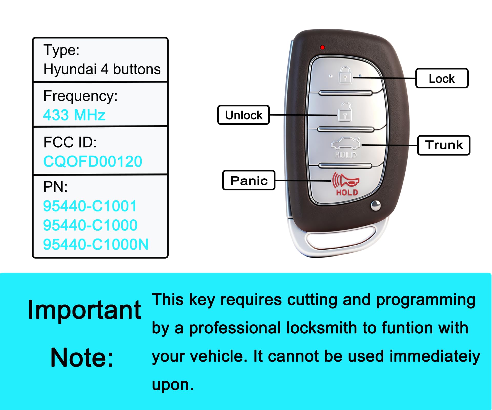 For Hyundai Sonata 2015 2016 2017 Smart Car Key 433Mhz