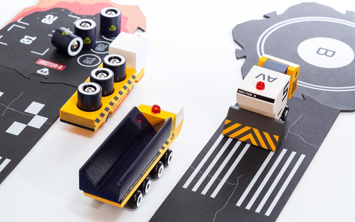 Candylab Toys M.A.R.G.E Sector 9 Set, Handmade Wooden Vehicles with Puzzle Roads and Accessories