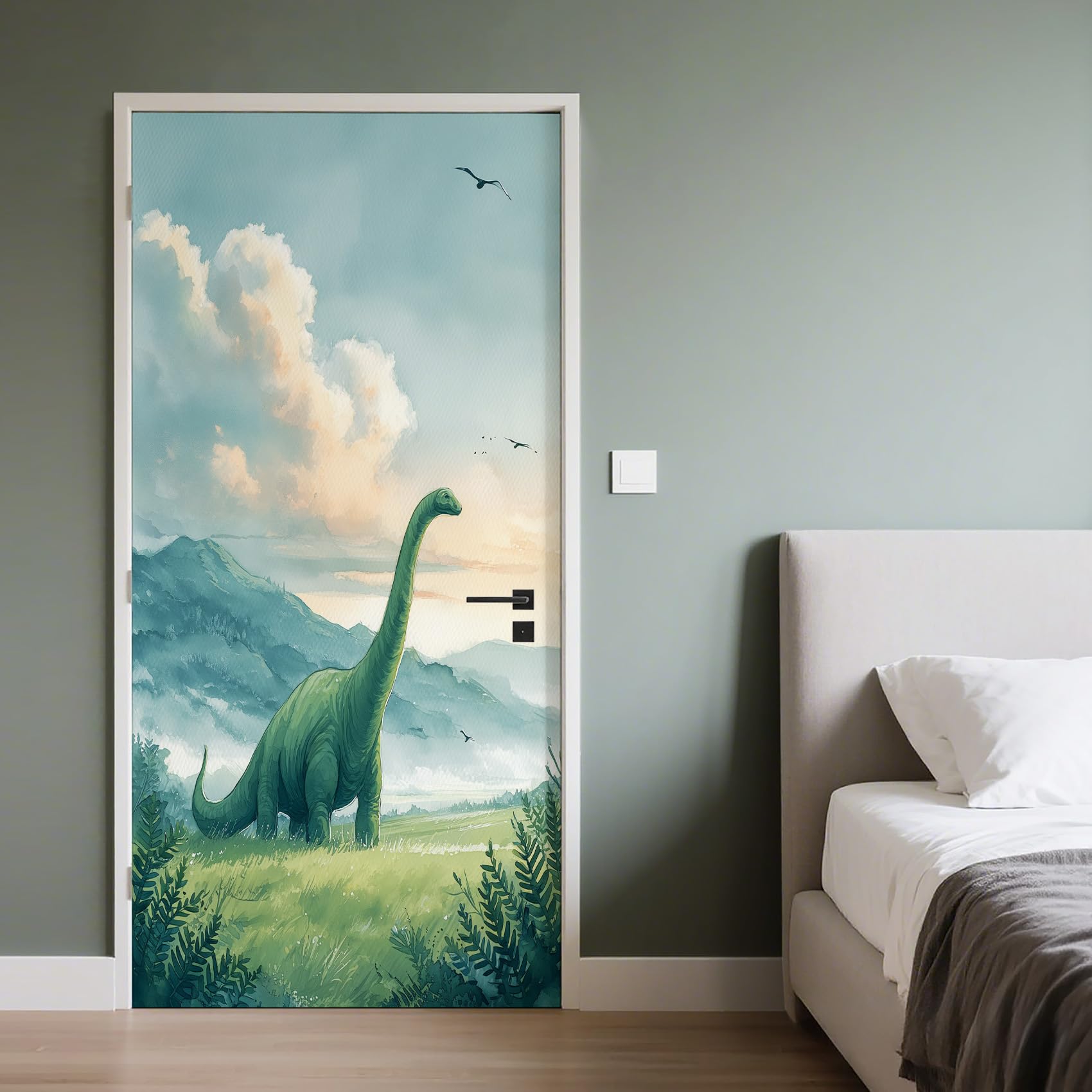 Sticker de porte dinosaure 3D 80x200 cm en PVC imperméable aquarelle