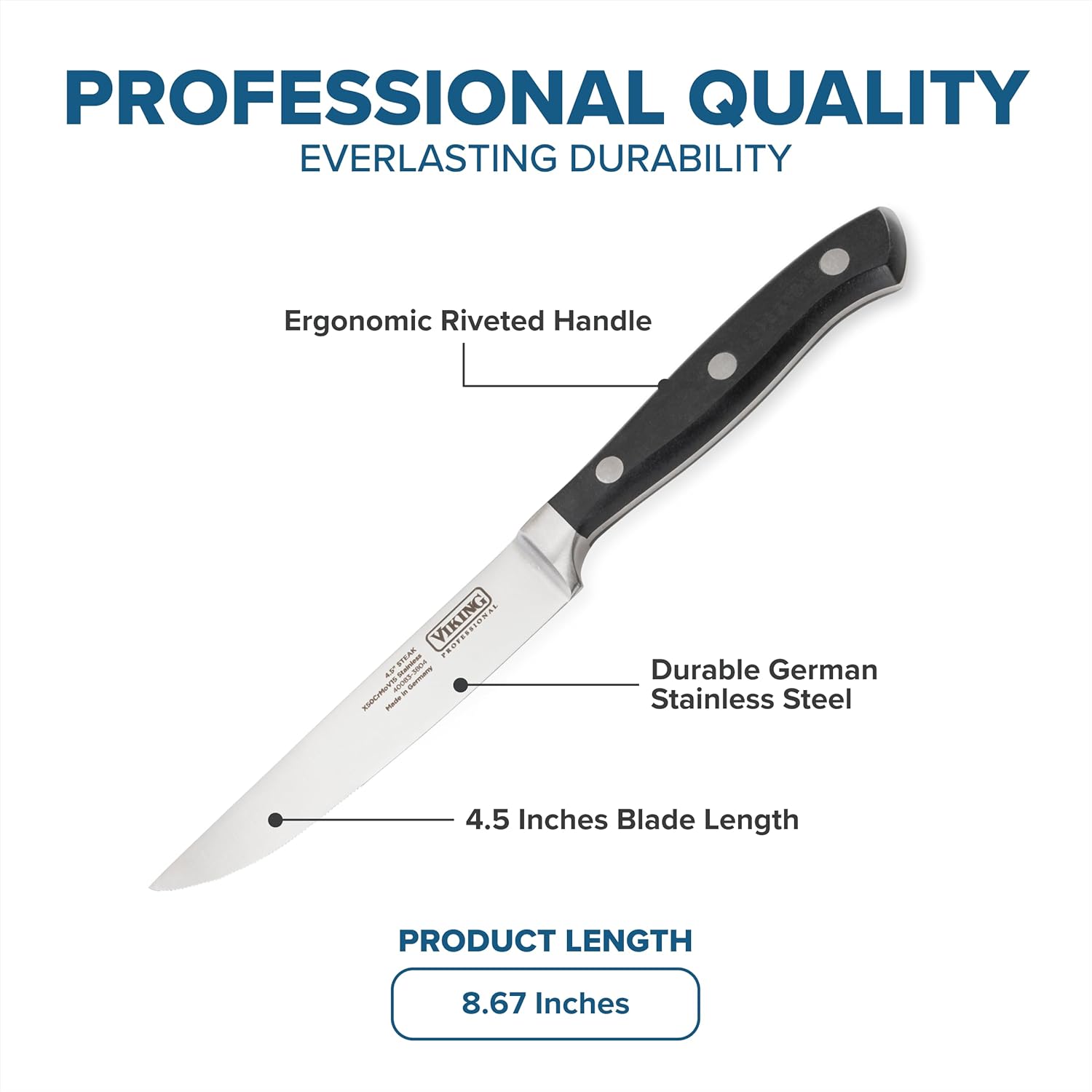 Viking Steak Knife Set, 4-Piece German Stainless Steel Knives with Ergonomic Handles, Dishwasher Safe, Black