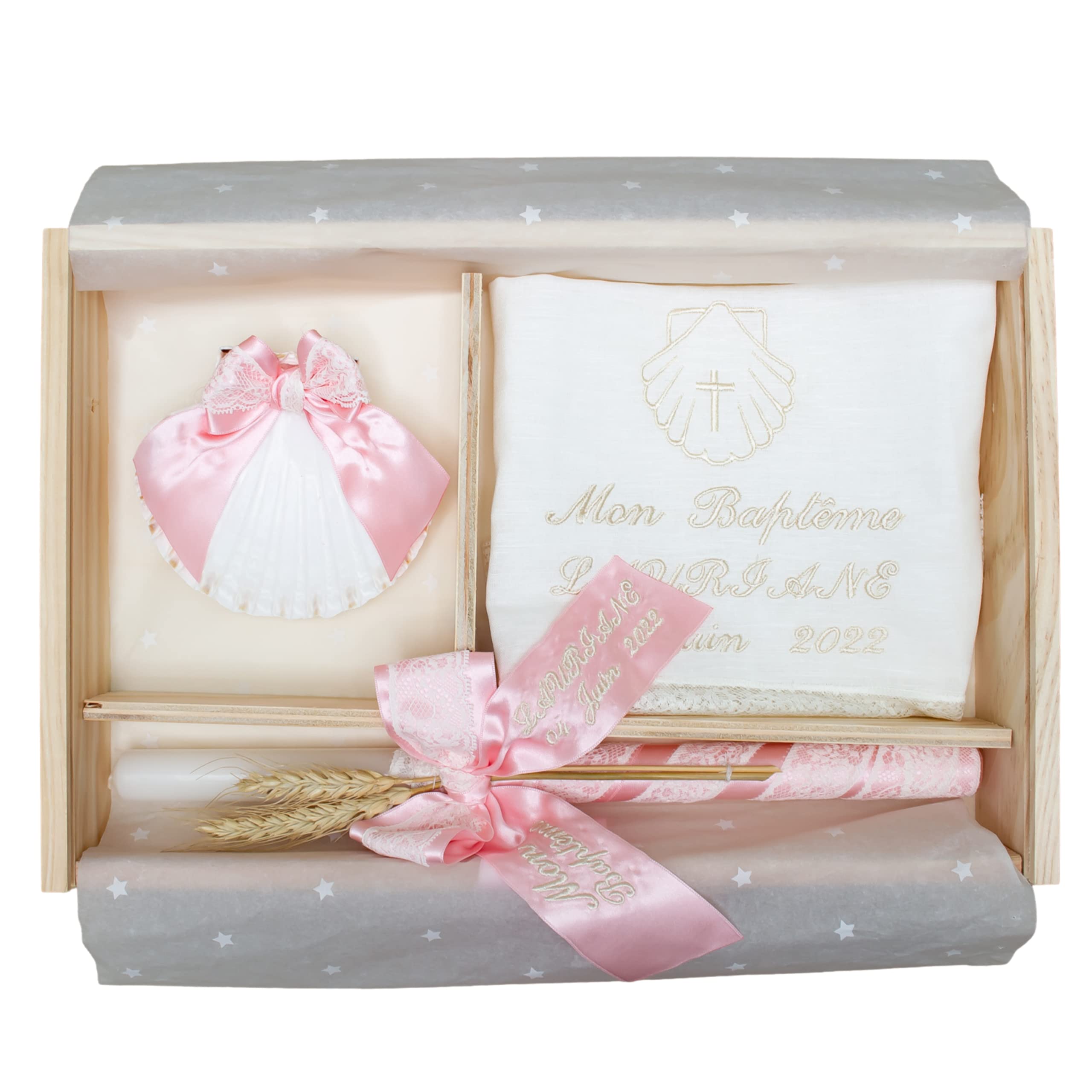 Kit de Luxe Baptême Personnalisé - Coffret Bois Cierge Mouchoir Coquille Brodés Modèle Paris Rose