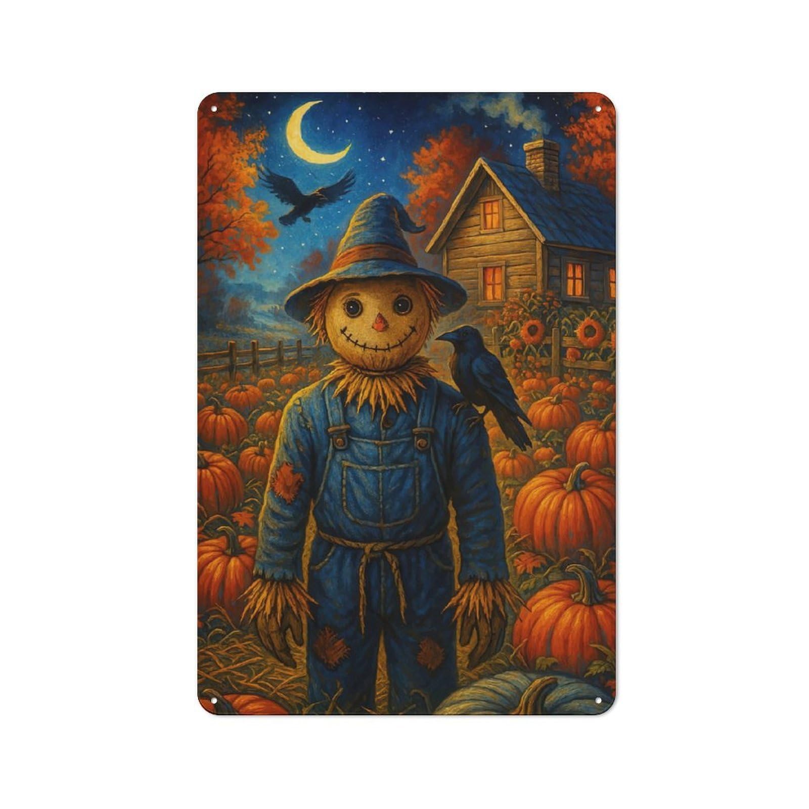 Junmoney Autumn Scarecrow Pumpkins Crows Workshop Style Garage Metal Sign 30X20cm Featuring Industrial Wall Art For Garage, Hobby Room, Office Or Man Cave