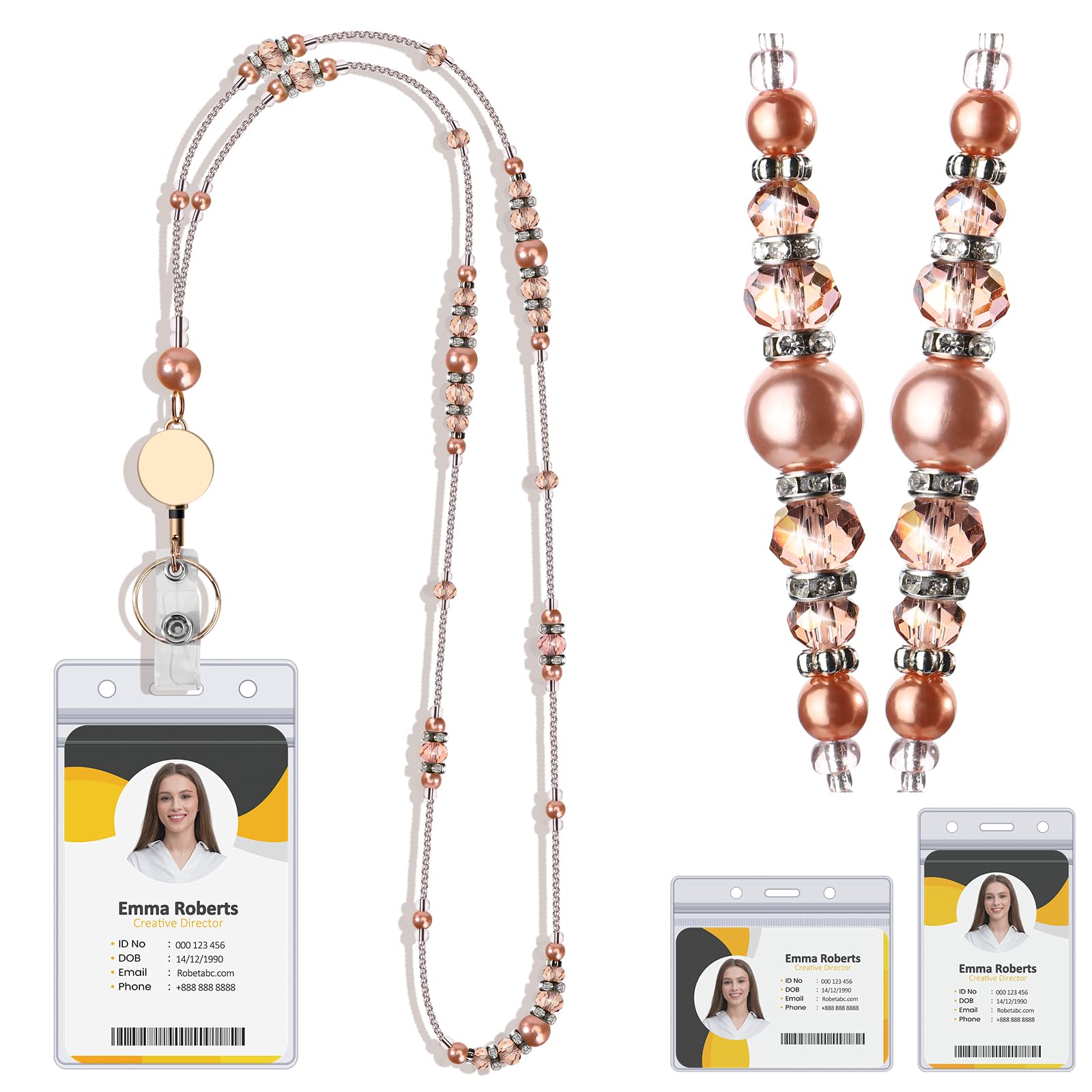 Lanyards for ID Badges and Keys, Retractable Badge Lanyard for Women, Beaded Teacher Lanyard with Badge Reel and ID Holder, Graceful Pearls and Crystals