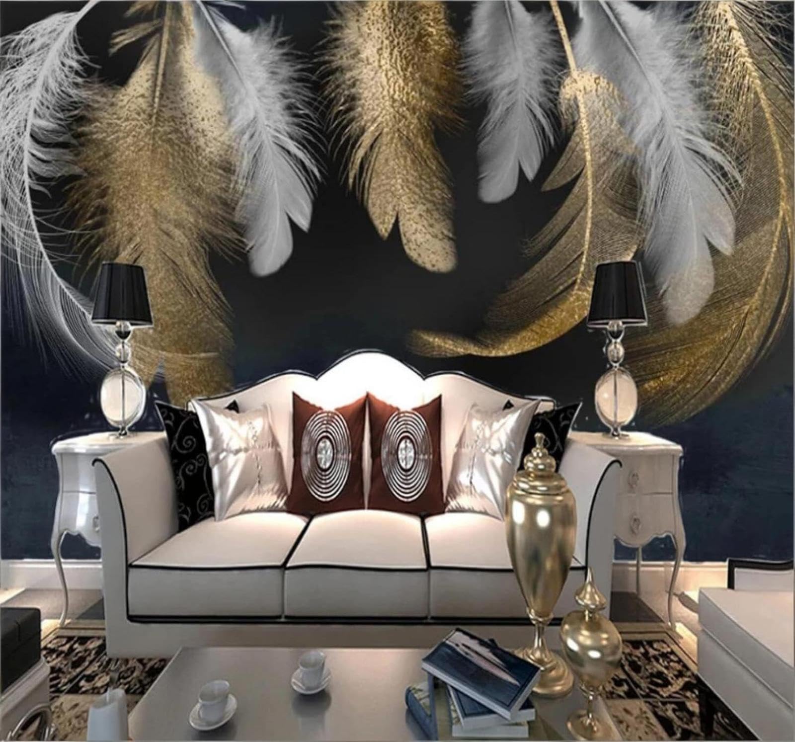 XLMING Minimalist Luxury Gold White Feathers 3D Wallpaper Luxury Silk Study Dining Feature Sofa Grey Bedroom Living Room Tv Decorative Wall-400cm×280cm