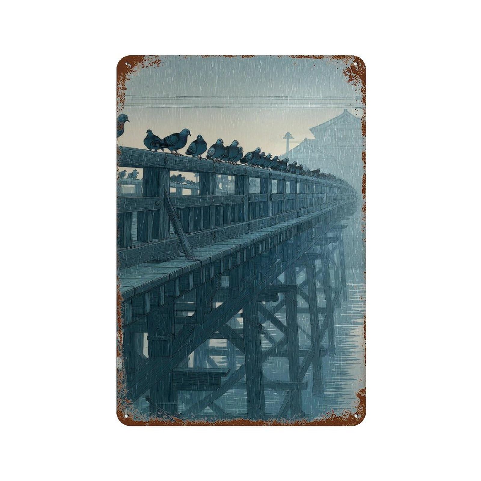 xiaoxiaoshen Pigeons On Rainy Wooden Bridge. Ukiyo Wall Decor Art Metal Tin Poster Modern Home Decor Art Home Bar Shop Decorations Vintage Sign 30x20cm