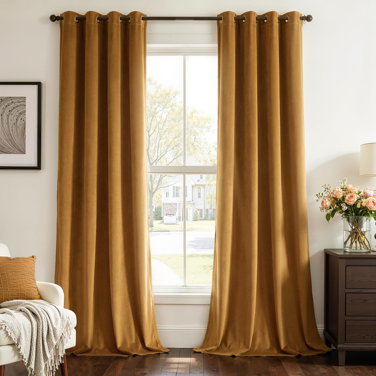 Topfinel 92 Inches Long Custom Velvet Curtains, Dark Brown Yellow Viral Floor Length Suede Grommet Gold Drapery Panels for Track, Noise Cancelling