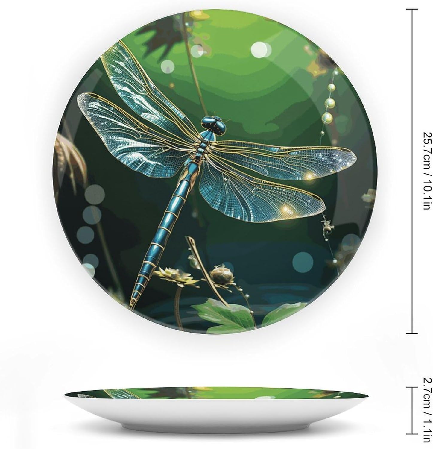 Dragonfly Green Decorative Plates for Display Round Porcelain Plate Living Room Table Ceramic Hanging Decorative Plate Art Decor for Living Room Table with 1 Display Stand 10inch