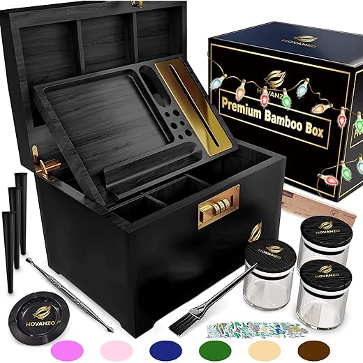 Premium Large Bamboo Storage Box with Removable Tray - Storage Wood Box for Herbs and Accessories - Storage Box Set with Combination Lock - Smell Proof Container with Accessories