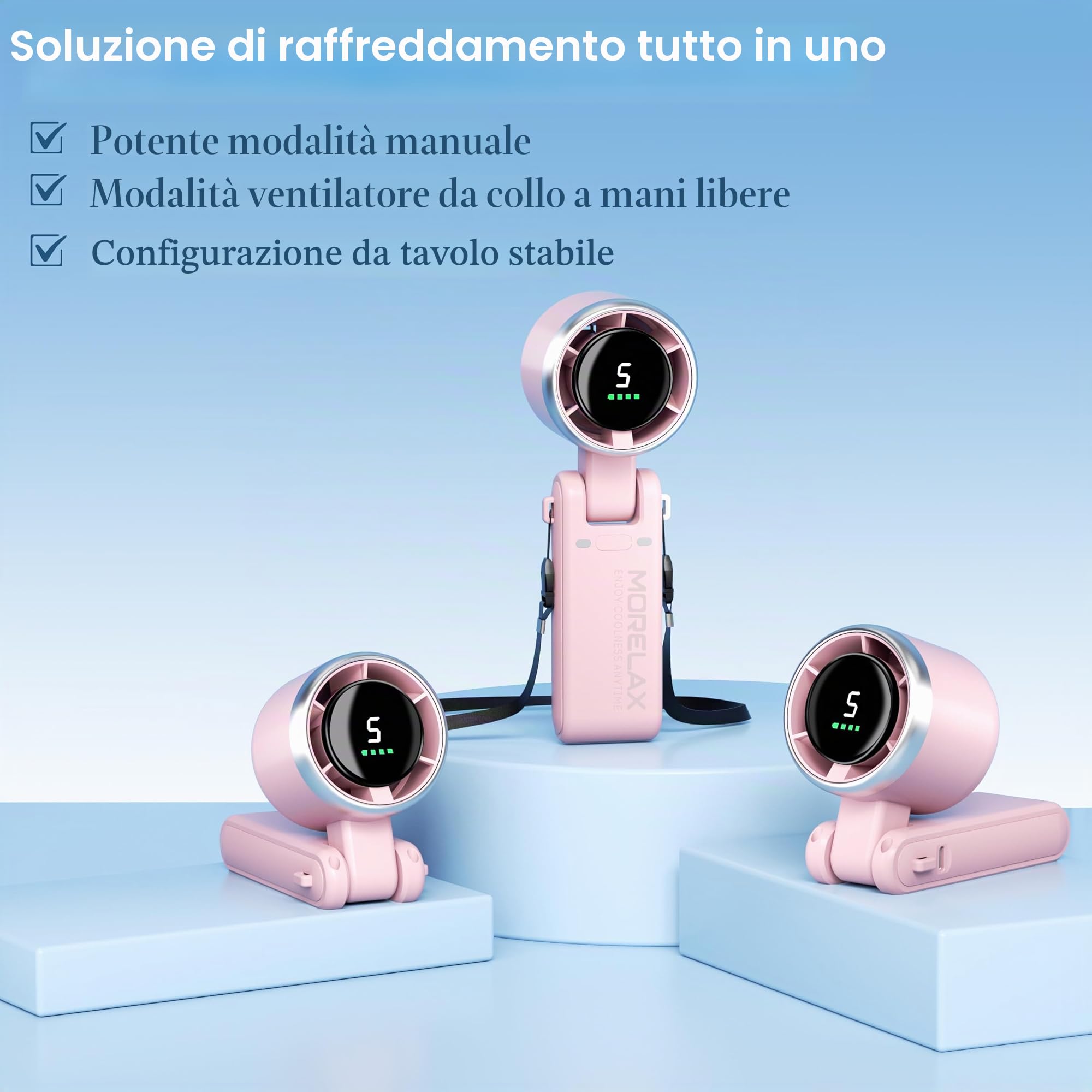 Morelax Ventilatore Portatile a Mano, Raffreddamento Turbo 10m/s, 5 Velocità con Display a LED, 4000 mAh, Ventilatore Pieghevoleda Scrivania/Collo/Tasca per Viaggi, Trucco, All'aperto, Rosa