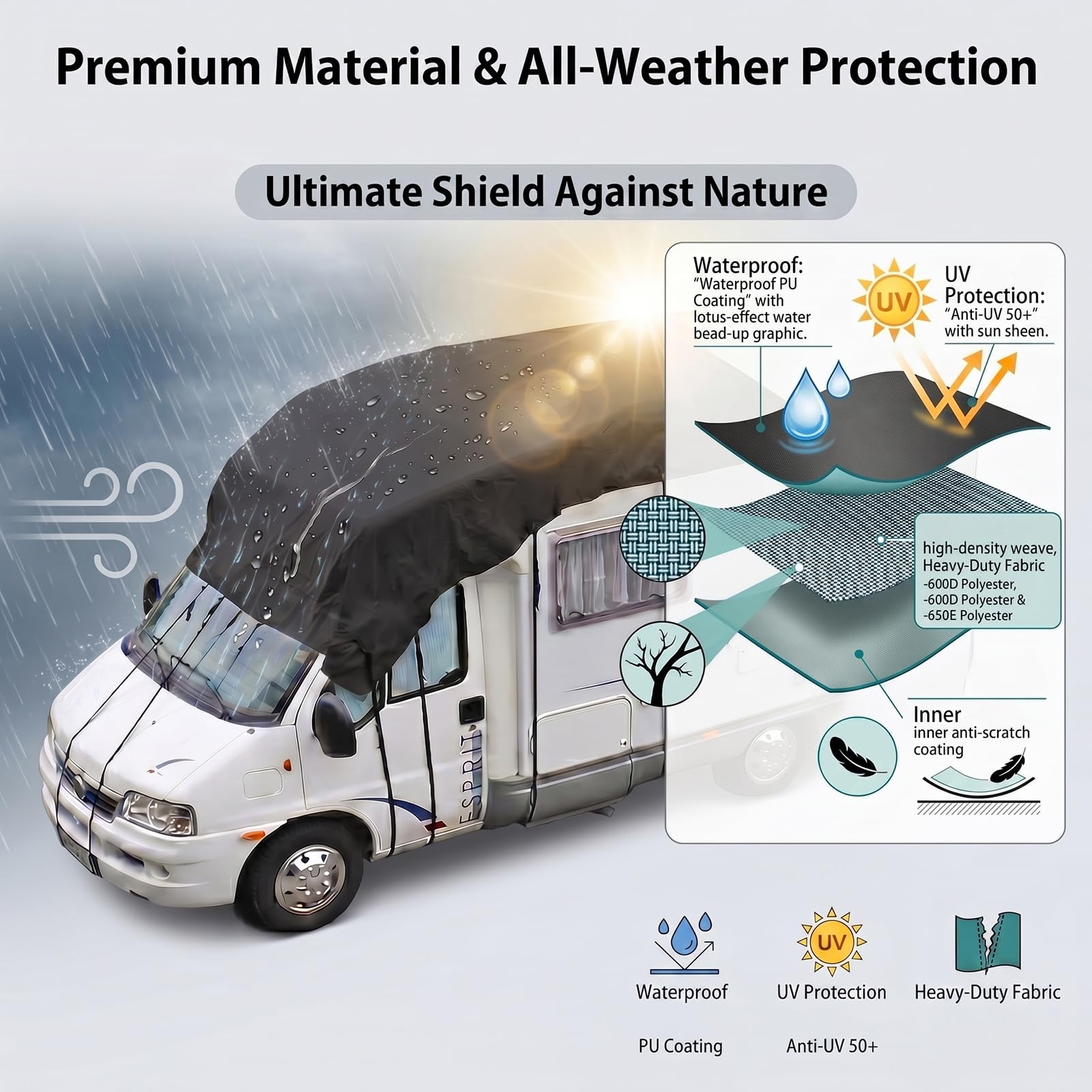 LDIW Wohnwagen Schutzdach Wasserdicht, Wohnmobil-Dachabdeckung Regenschutz, 420D Oxford Outdoor Wohnwagenplane Winterfest, Allwetter Camper Wohnmobilschutzhülle,Grau,8.5 * 3M Fits 26to29 ft
