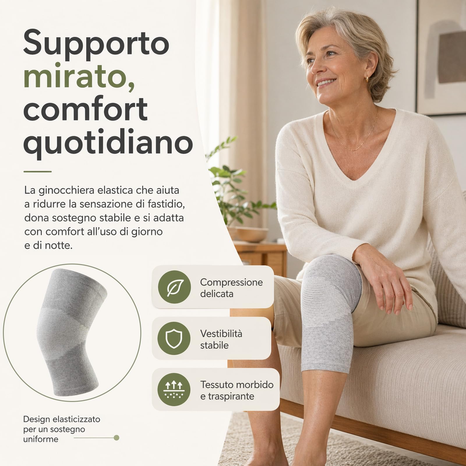 Generico Onepress Ginocchiera Bamboo, Ginocchiera in Bambù, Supporto Elastico Traspirante per Ginocchio, Compressione Ergonomica e Comfort Prolungato, Ideale per Sport (Grigio, L)