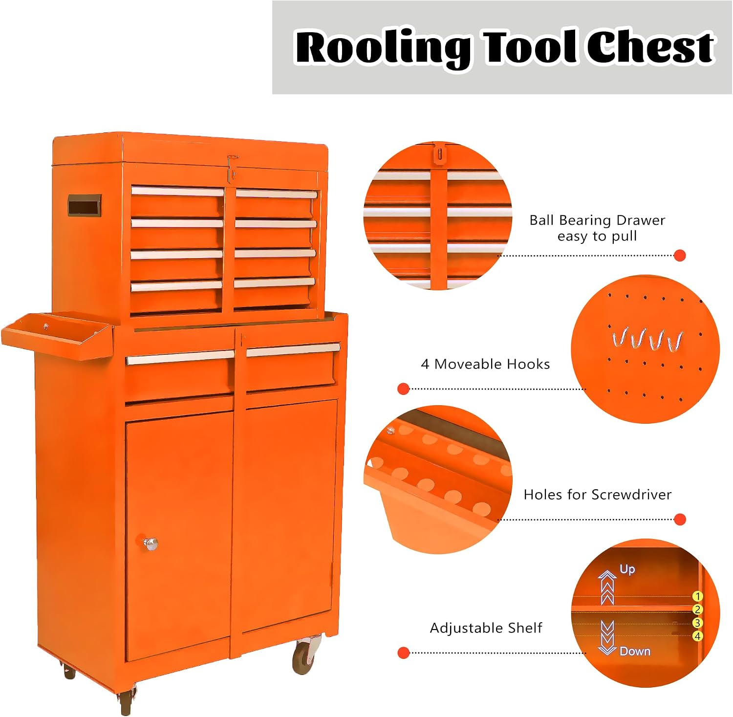 Rolling Tool Chest with Wheels and 5 Drawers,Detachable Tool Storage Cabinet with One Adjustable Shelf Tool Box on Wheels Removable Rolling Toolbox for Workshop Mechanics Garage, Orange
