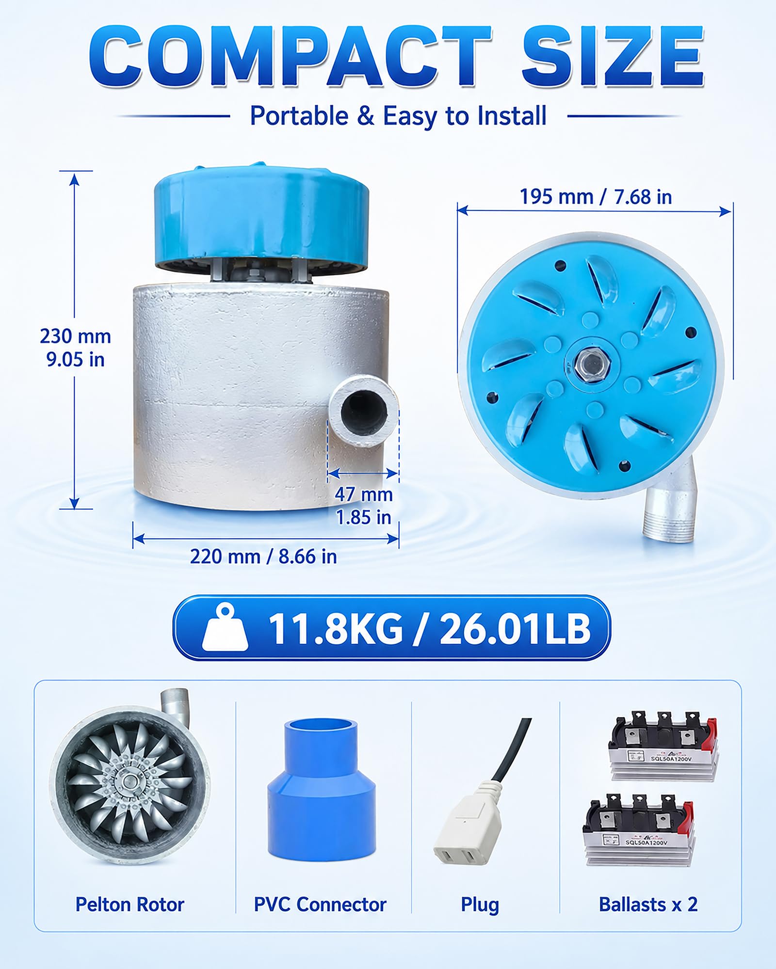 Generador Micro Hidroeléctrico 3KW 110V 220V Equipo Hidráulico Portátil de Aleación Aluminio para Hogar Camping Fuera Red Energía Respaldo,3000w,110V/220V