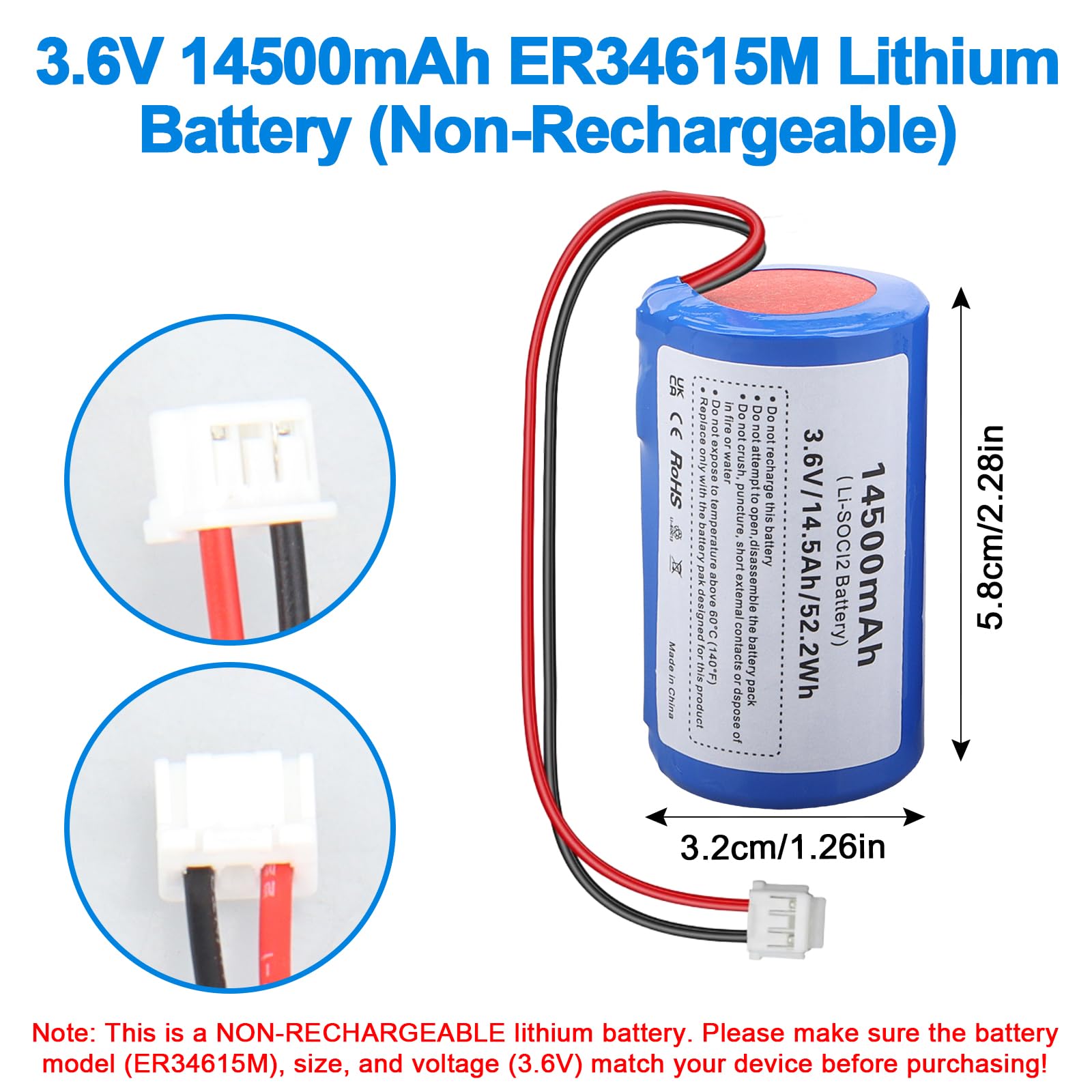 2 Pz Batteria Li-SOCl2 ER34615M 3,6V 14500mAh compatibile con DSC WT4911 | 2 Pezzi, Non Ricaricabile, WT4911B WT8911 ADT, Sistema Allarme Esterni