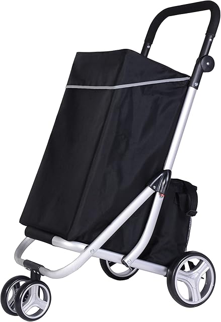 Premium 4 Wheel Large 60L Shopping Trolley Cart with Brakes, Adjustable Handles, 2L Separate Cool Bag, Folds Away