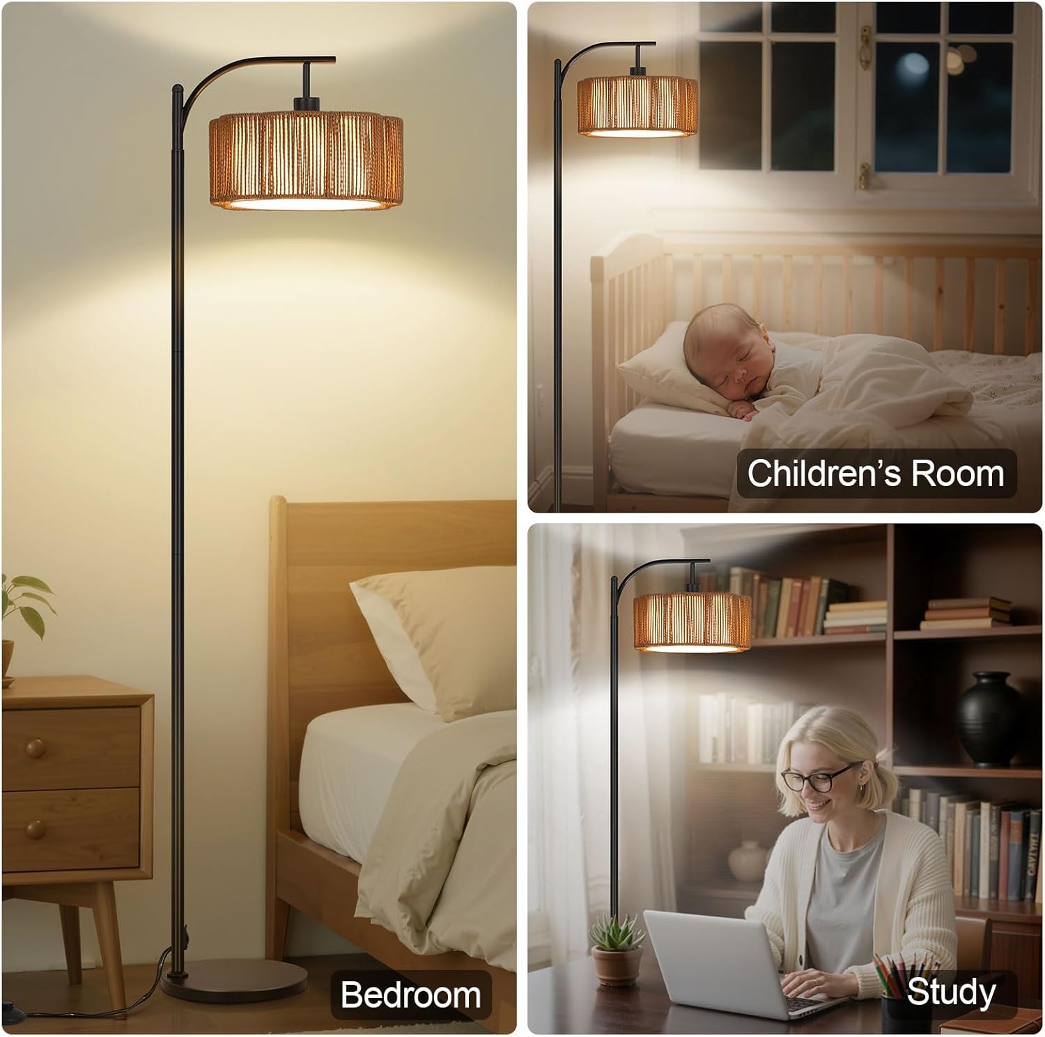 Boho Arc Floor Lamp for Living Room, Modern Rattan Floor Lamp with Foot Switch, Tall Lamp Dimmable 3 Colors Temperature LED Floor Lamps, Bohemian Black Standing Lamp for Bedroom Office