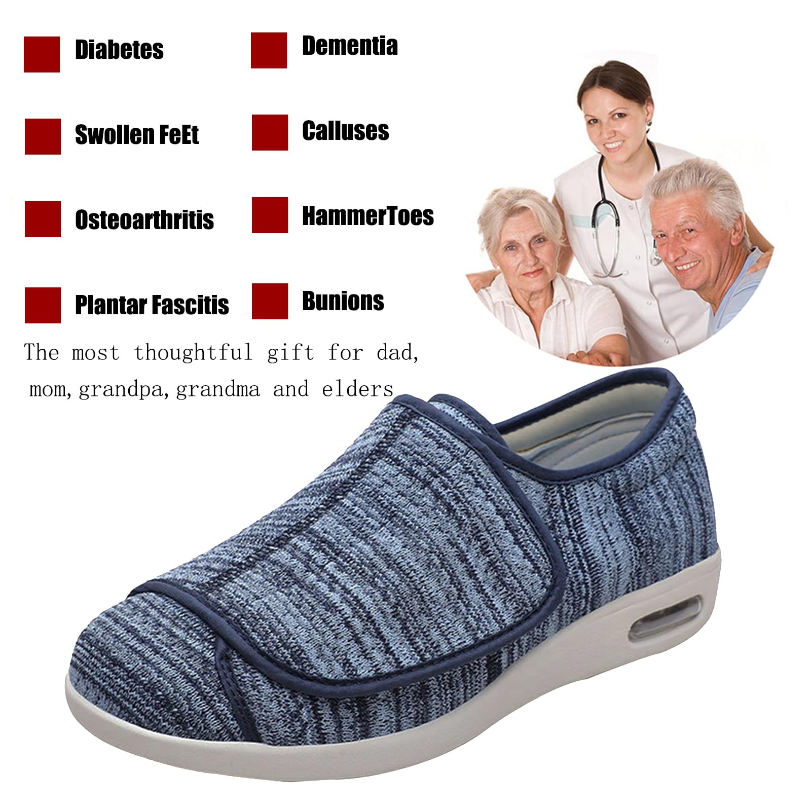 Scarpe per Diabetici Uomo,Larghe per Piedi Gonfi Scarpe da Passeggio Regolabili per La Neuropatia Dolorosa dei Piedi degli Anziani.Light Blue 50