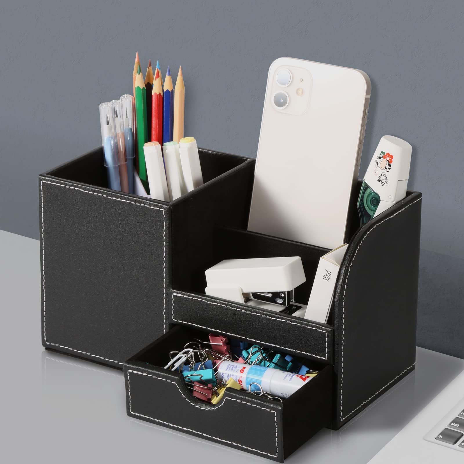 GORESE Organizer da Scrivania - Multifunzionale Portapenne,Portaoggetti da scrivania in elegante pelle PU Nero per Organizzatore di Cancelleria, Biglietti da Visita, Penne,Cellulari (Nero 1)