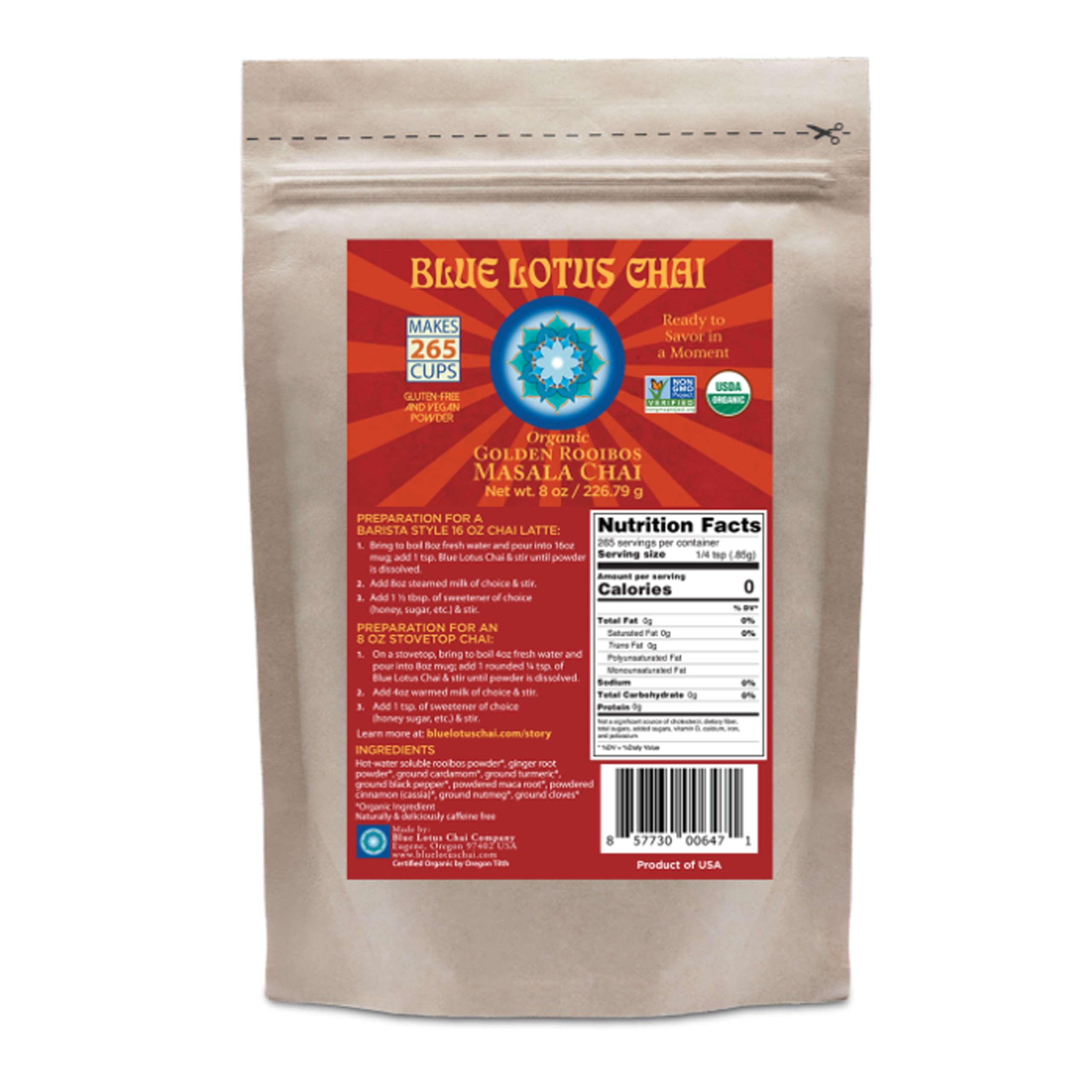 Blue Lotus Chai - Organic Golden Rooibos Masala Chai - Makes 265 Cups - 8oz Bag Masala Spiced Chai Powder with Organic Spices - Instant Indian Tea No