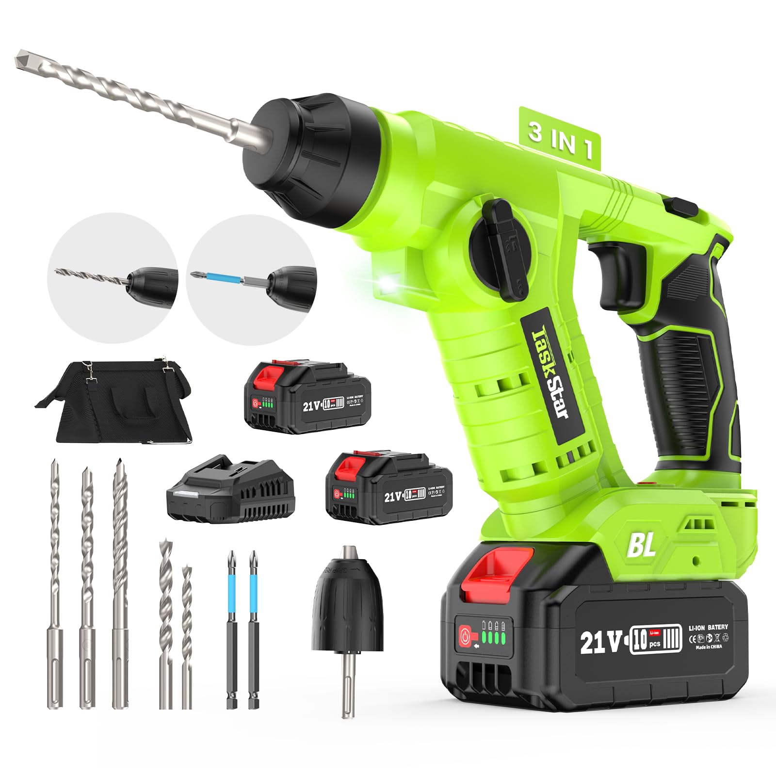 TaskStar Taladro Percutor a Bateria Ligero: Martillo Perforador Bateria de sólo 1,7 kg, Taladro Percutor 3 en 1 de 1,6 J para Proyectos de Bricolaje, apto para Mujeres y Personas Mayores