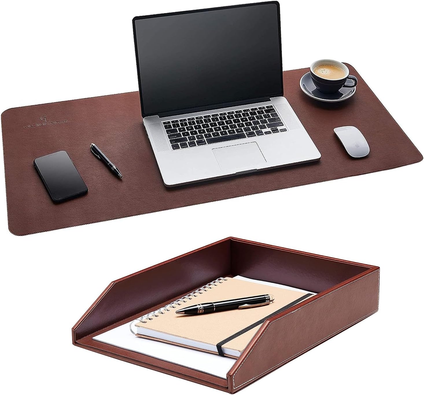 GALLAWAY LEATHER Desk Pad and Letter Tray Bundle -Brown