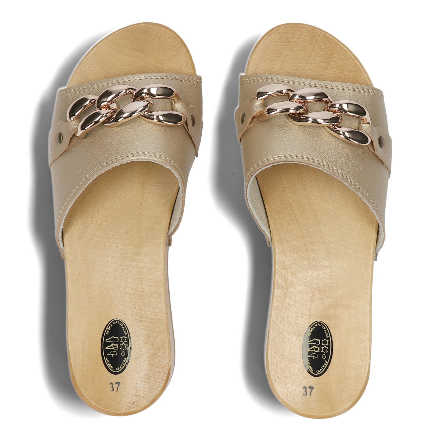 BeComfy Sabots en Bois pour Femme avec chaîne Chaussures Ouvertes en Cuir, Sabots de Jardin, Chaussons, Mules Tailles 36-41 EU